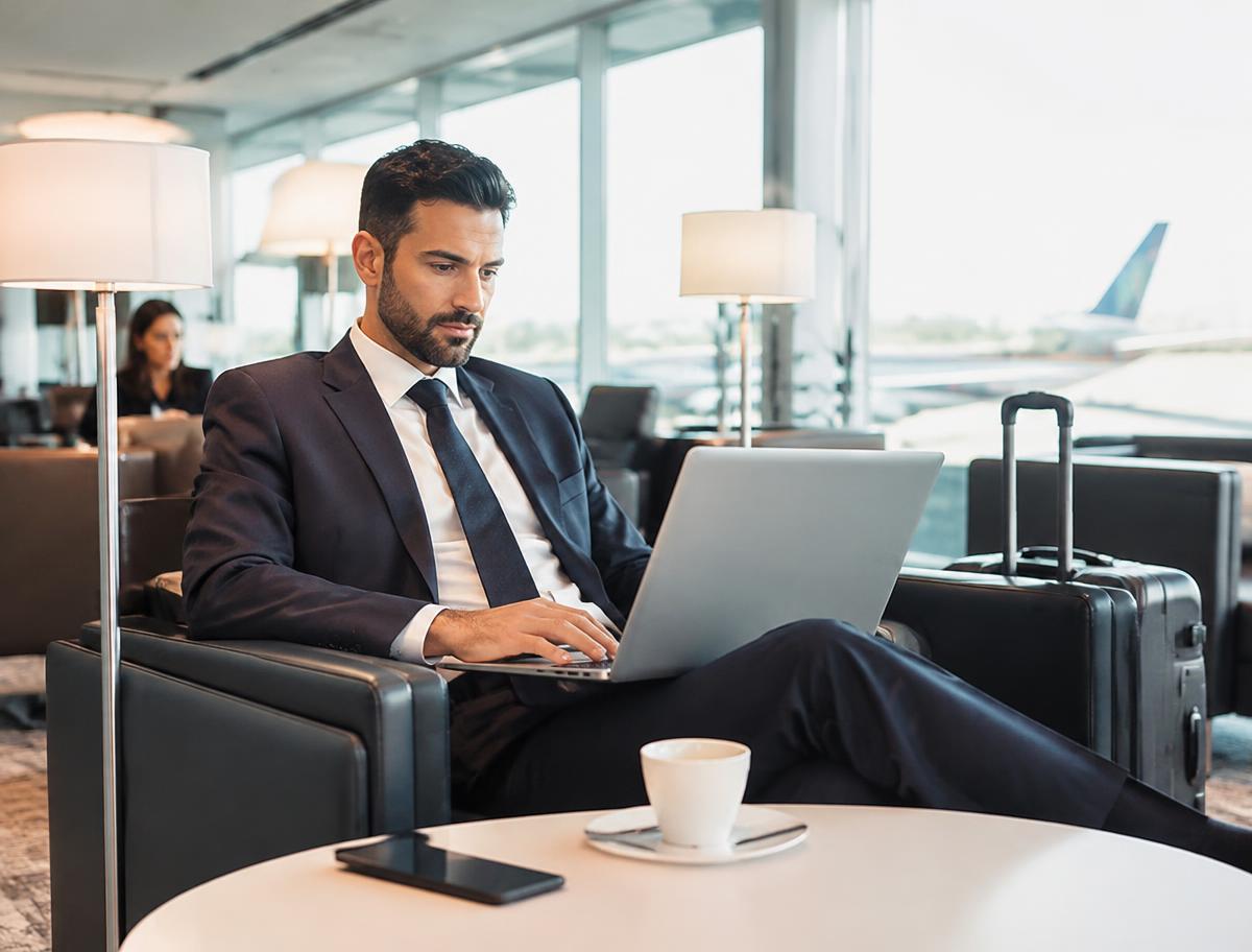 Business traveler in an airport lounge