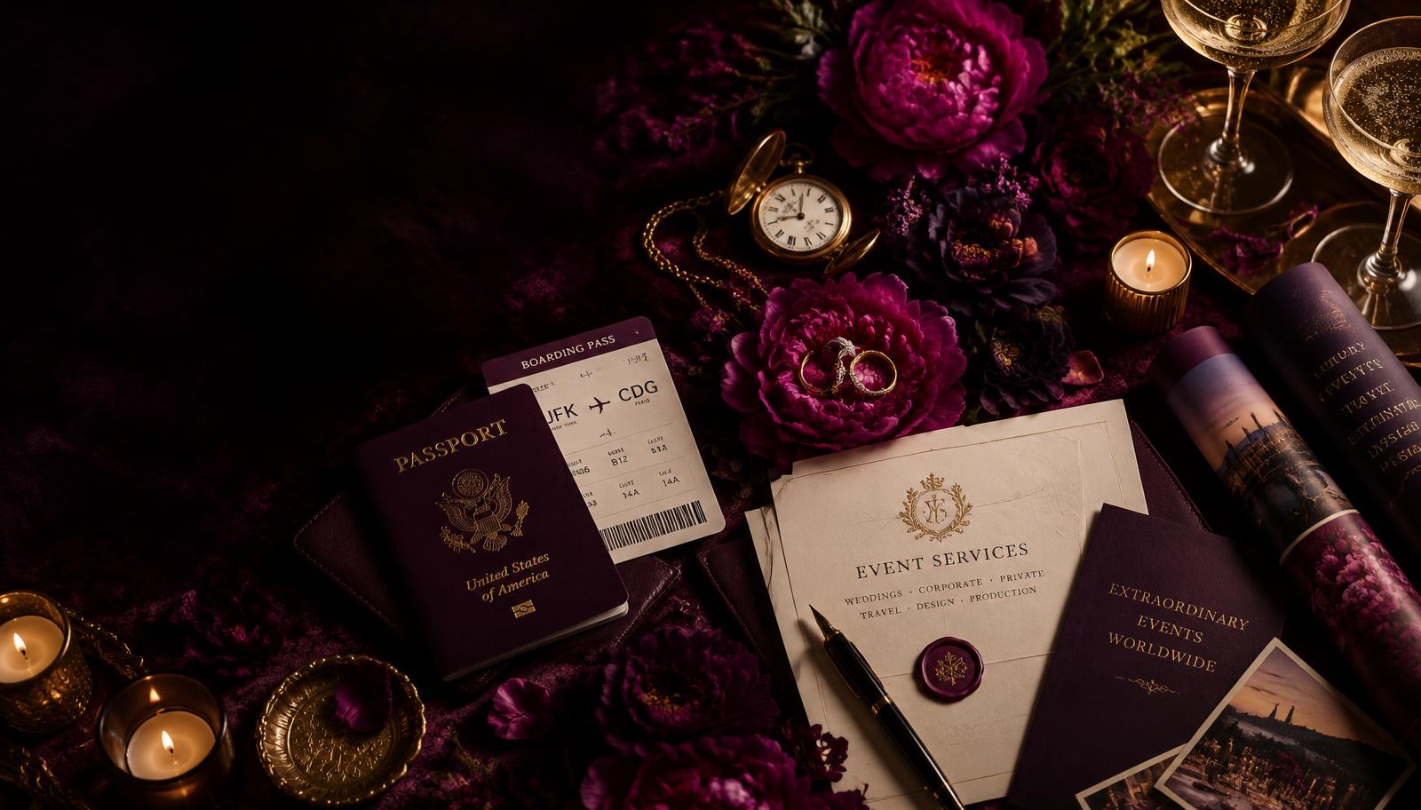 Luxurious flat-lay with a gold pocket watch, wedding rings, passport, event invitations and printed banners on plum velvet